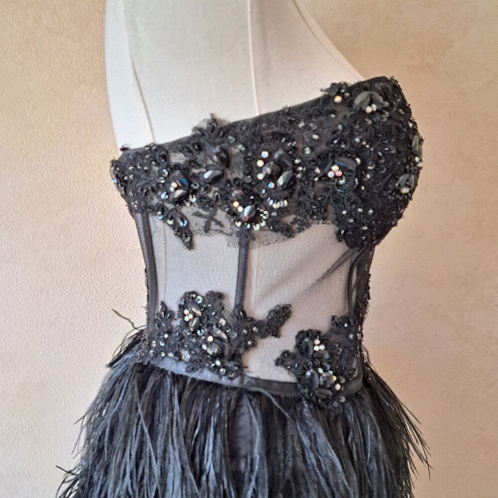 Cinderella Black Feather Corset Mini Dress Strapless Beaded Prom Size 4 Cocktail - Picture 10 of 16